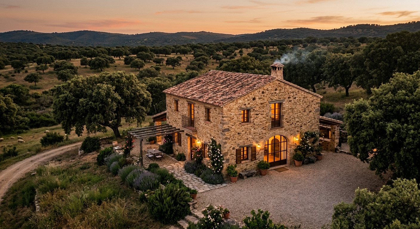 Cortijo restaurado entre encinas en la naturaleza de Cáceres al atardecer