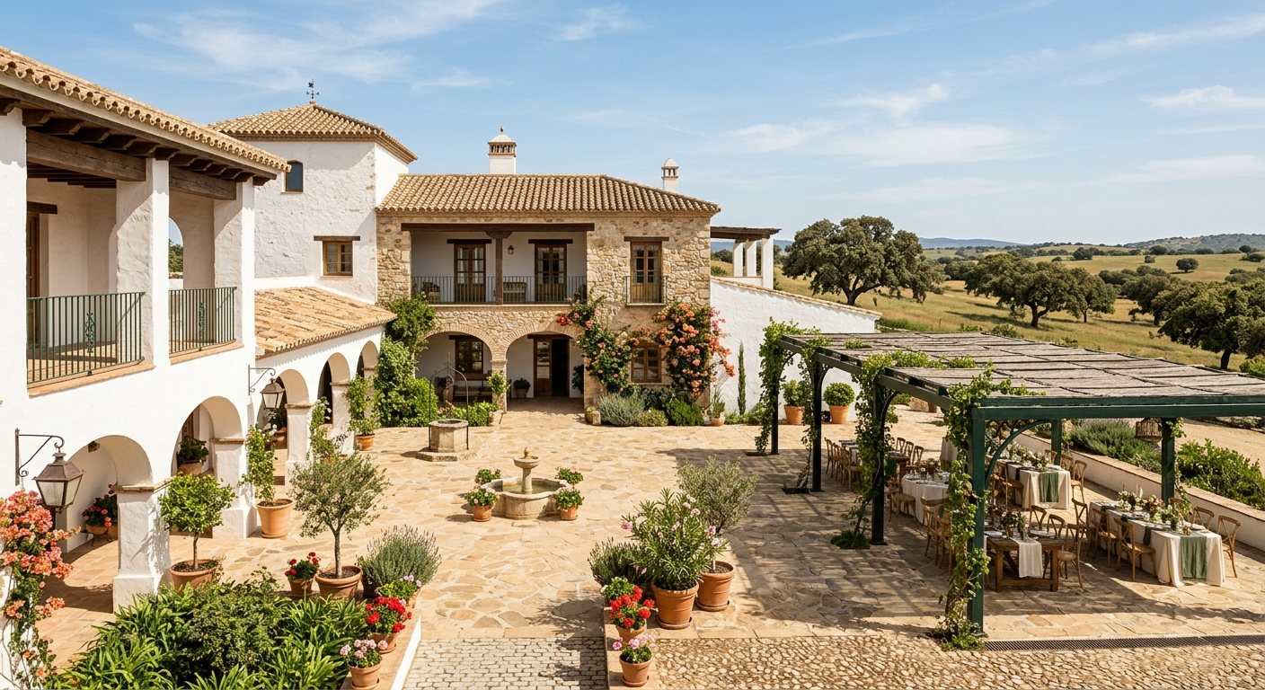 Cortijo extremeño con espacios luminosos rodeado de naturaleza
