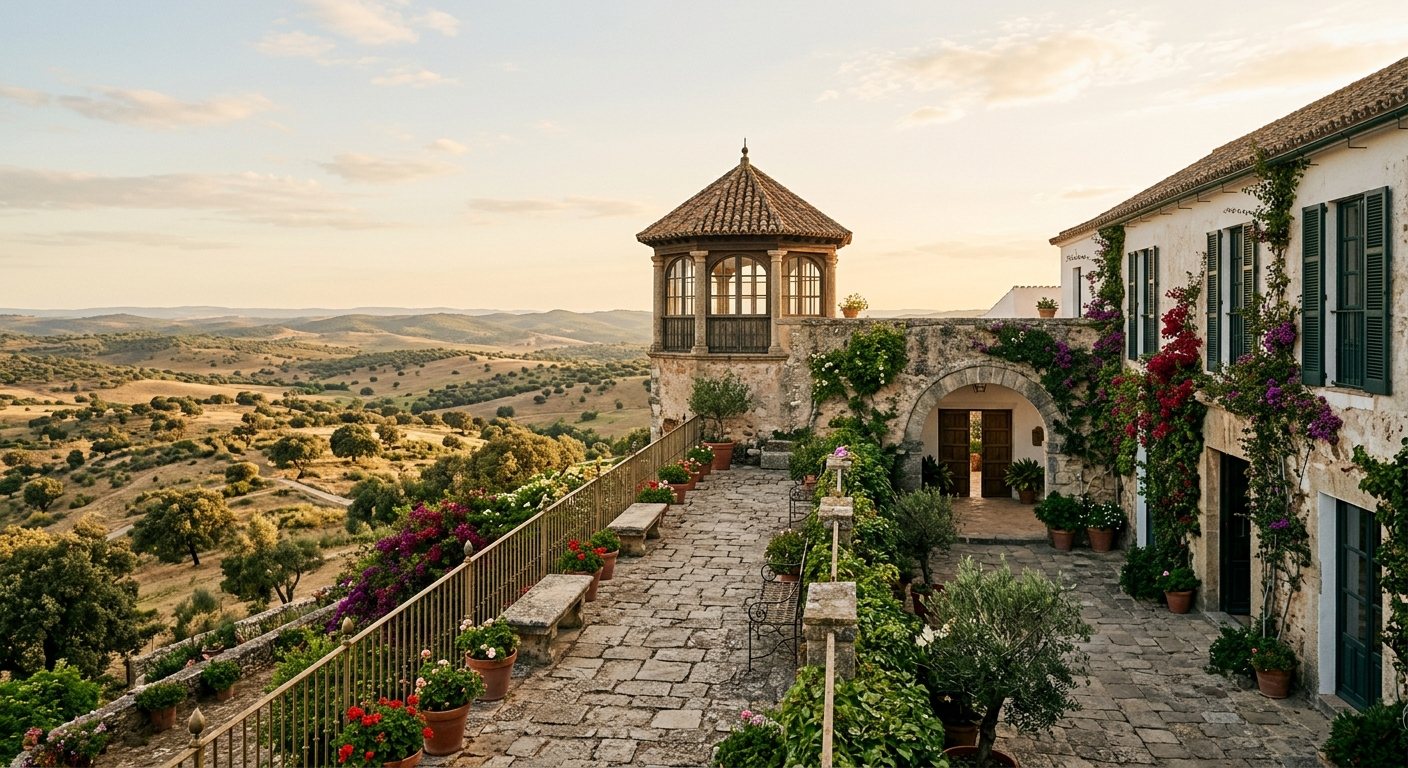 Hacienda histórica con mirador sobre el paisaje de Trujillo