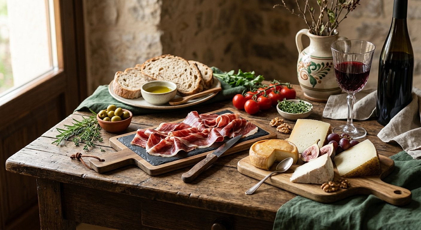 Mesa de autor con producto de proximidad de la naturaleza extremeña