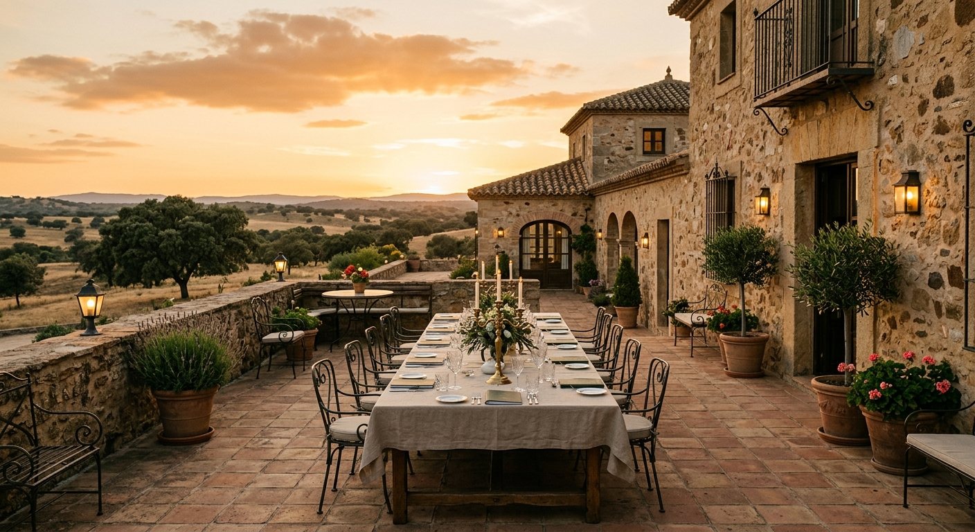 Salón de una hacienda en plena naturaleza preparado para un encuentro de alta dirección al atardecer